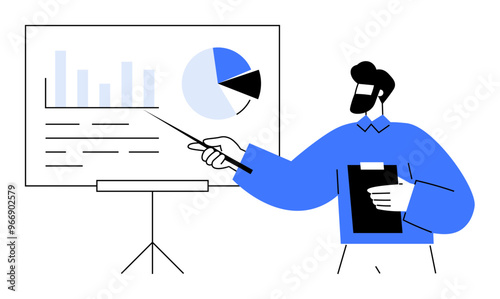 A man holds a clipboard and points to a whiteboard displaying a bar chart and pie chart. Ideal for business, presentations, analytics, education, technology.