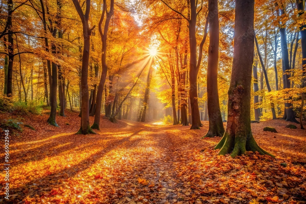 Obraz premium Soft focus on autumn foliage with sun beams filtering through the trees