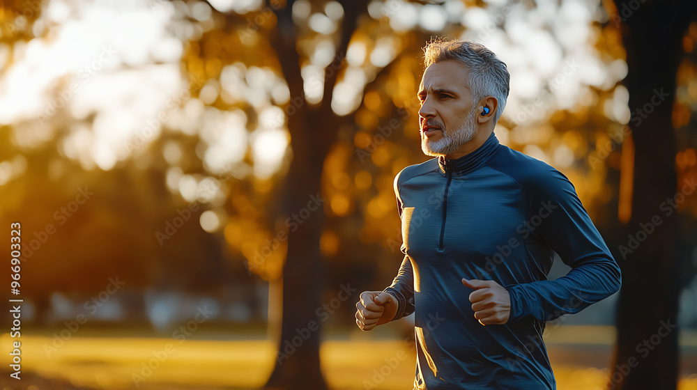 Mature man running in a park at sunset Mature man running in a park at sunset
