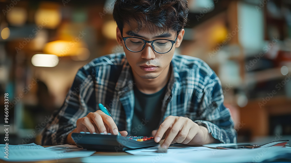 A focused individual calculating with a calculator amidst papers in a cozy workspace.
