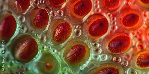 Strawberry achene close up under optical microscope magnified x50 photo