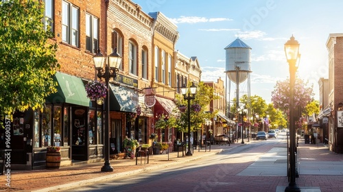 Fototapeta Naklejka Na Ścianę i Meble -  Charming Small Town Street with Water Tower and Brick Buildings