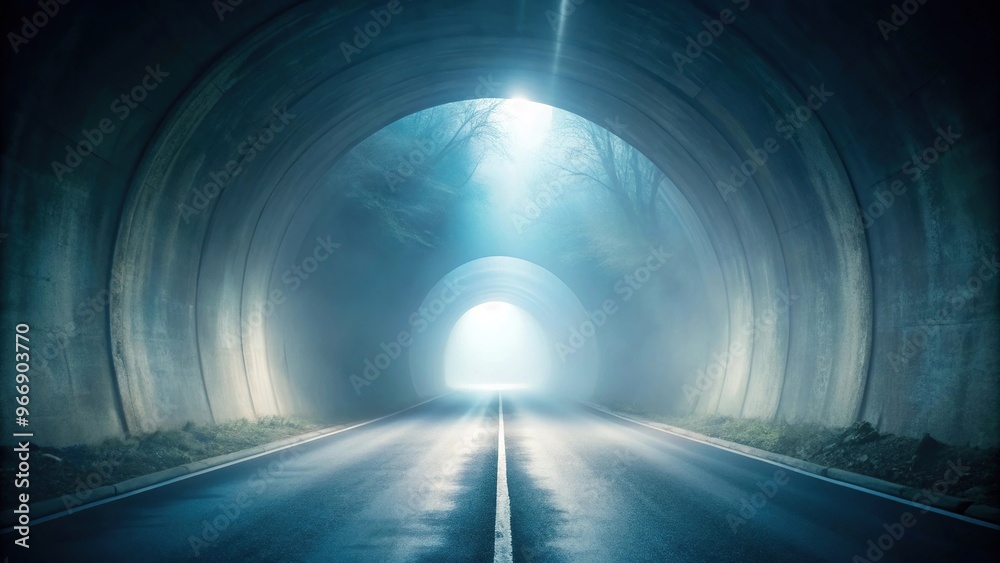 Fototapeta premium Soft light filters through mist in dreamlike tunnel casting ethereal glow on winding path ahead