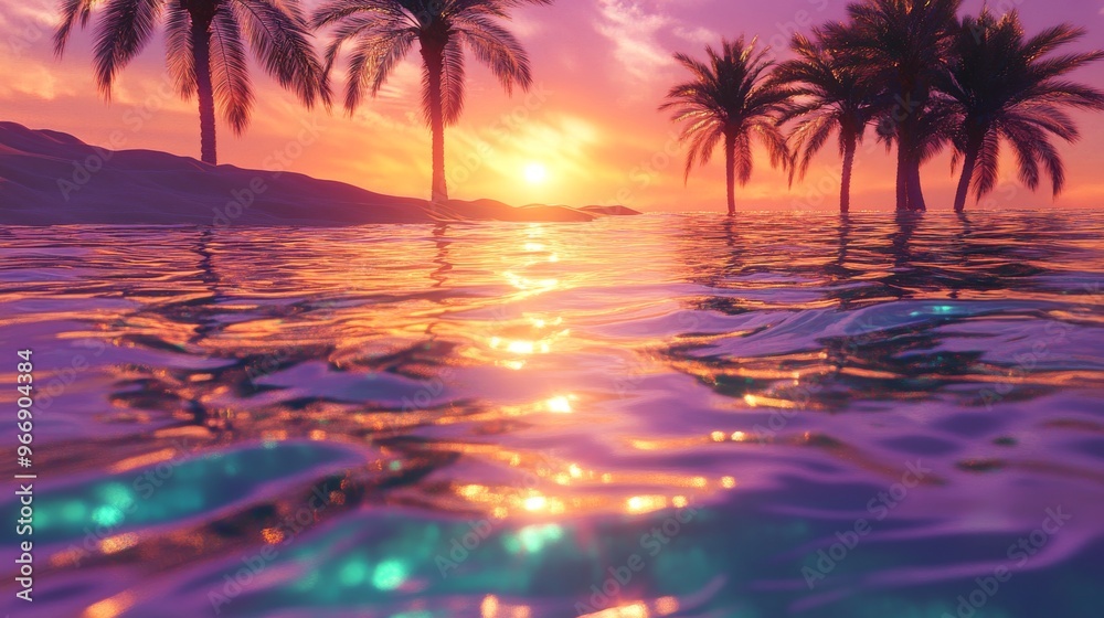 Palm Trees Silhouetted Against a Vibrant Sunset Over a Calm Ocean Palm Trees Silhouetted Against a Vibrant Sunset Over a Calm Ocean