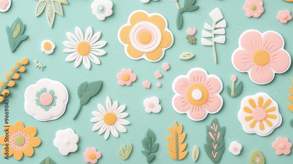 Colorful Felt Flowers and Leaves Pattern on Green Background Colorful Felt Flowers and Leaves Pattern on Green Background