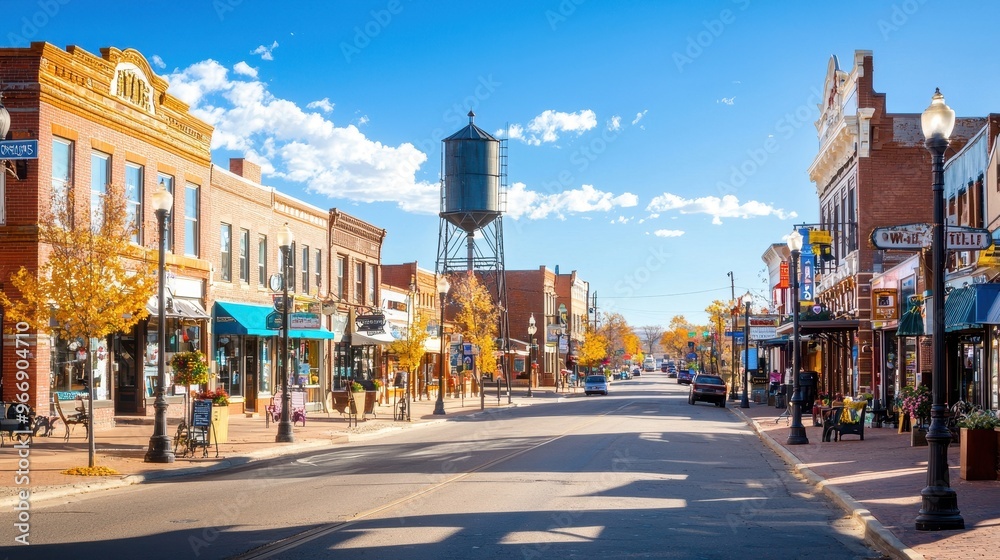 Naklejka premium Sunny Day in a Small Town with Water Tower