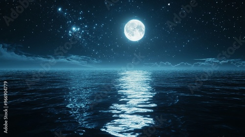 Full Moon Reflecting on a Calm Ocean at Night