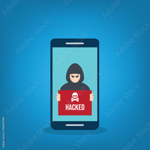 Hacker with hacked note on mobile phone , stealing confidential data, personal information and credit card detail. Hacking concept.	