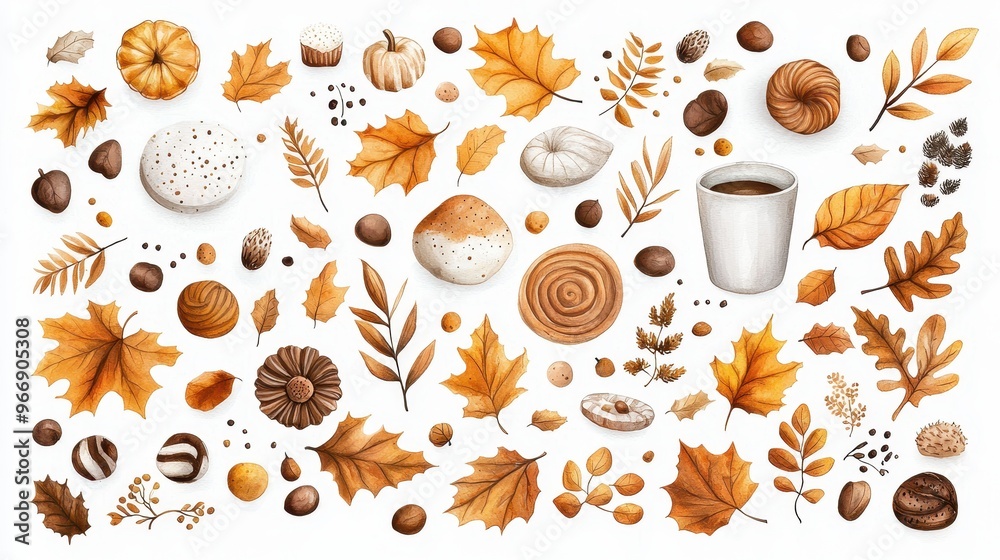 Obraz premium Autumn Watercolor Elements Leaves Pumpkins Coffee Cup and More