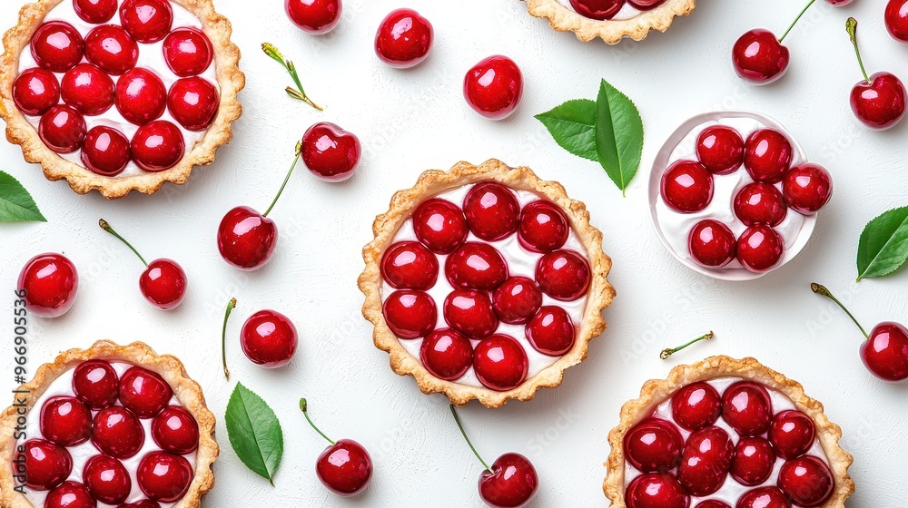 Delicious Cherry Tarts with Cream Filling on White Background Delicious Cherry Tarts with Cream Filling on White Background