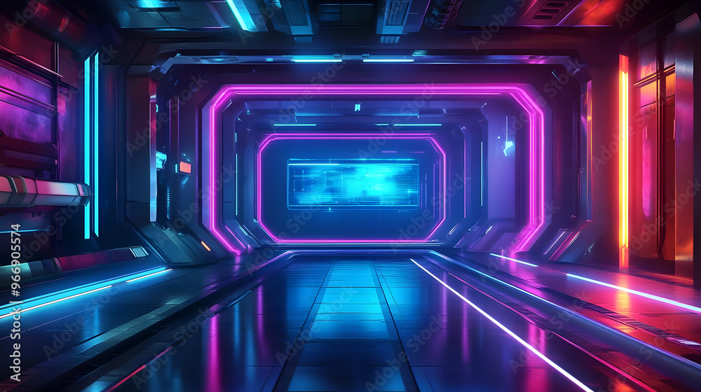 A futuristic corridor with neon lights and digital displays, evoking a sci-fi atmosphere. A futuristic corridor with neon lights and digital displays, evoking a sci-fi atmosphere.