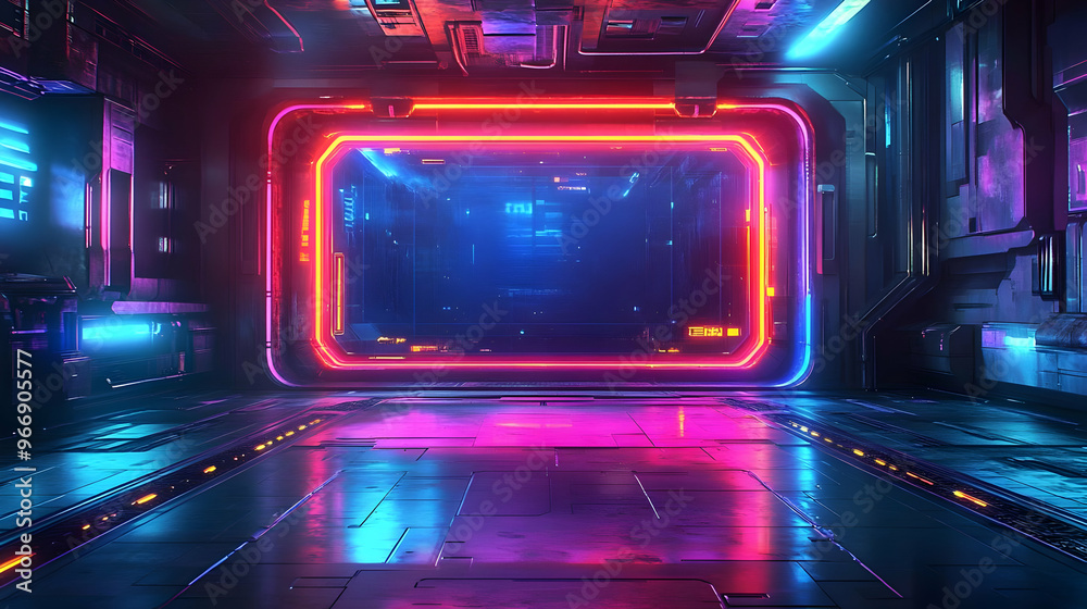 A futuristic corridor illuminated with vibrant neon lights and a sleek, high-tech atmosphere. A futuristic corridor illuminated with vibrant neon lights and a sleek, high-tech atmosphere.
