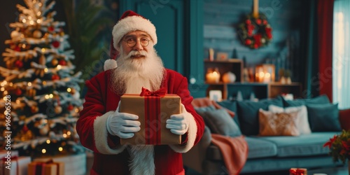 man holding gift box with santa claus costume photo