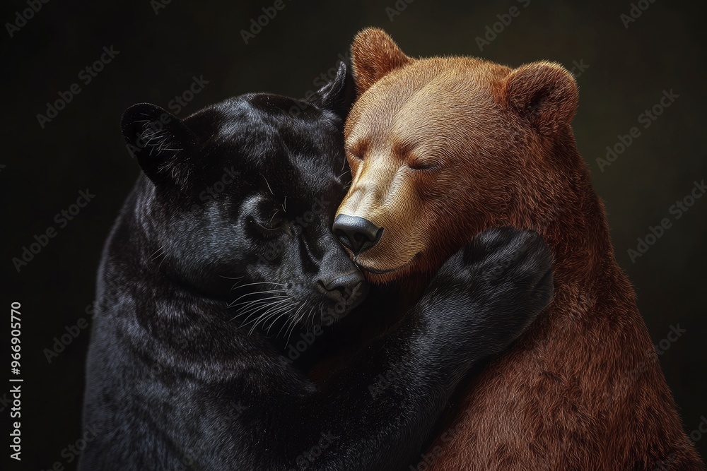 studio photography, hyperrealistic, brown bear and black panther hugging with generative ai studio photography, hyperrealistic, brown bear and black panther hugging with generative ai