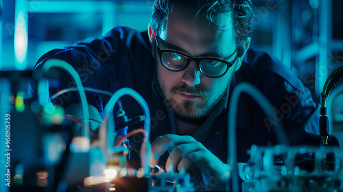 Focused Engineer: A close-up shot of a dedicated engineer wearing glasses, meticulously working on intricate circuitry in a dimly lit, neon-blue environment. The image captures the intensity and focus