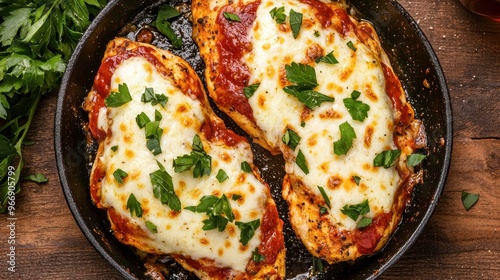 Chicken Parmesan in Cast Iron Skillet with Melted Cheese and Parsley