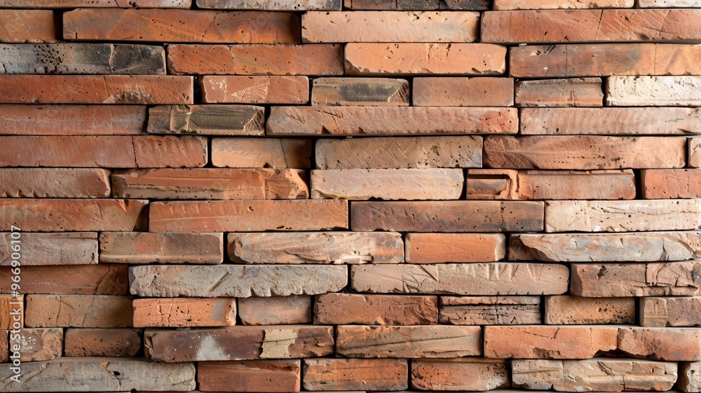 Obraz premium A close-up of a rustic brick wall texture with varying shades of red and brown, providing an earthy and warm background with ample copy space.