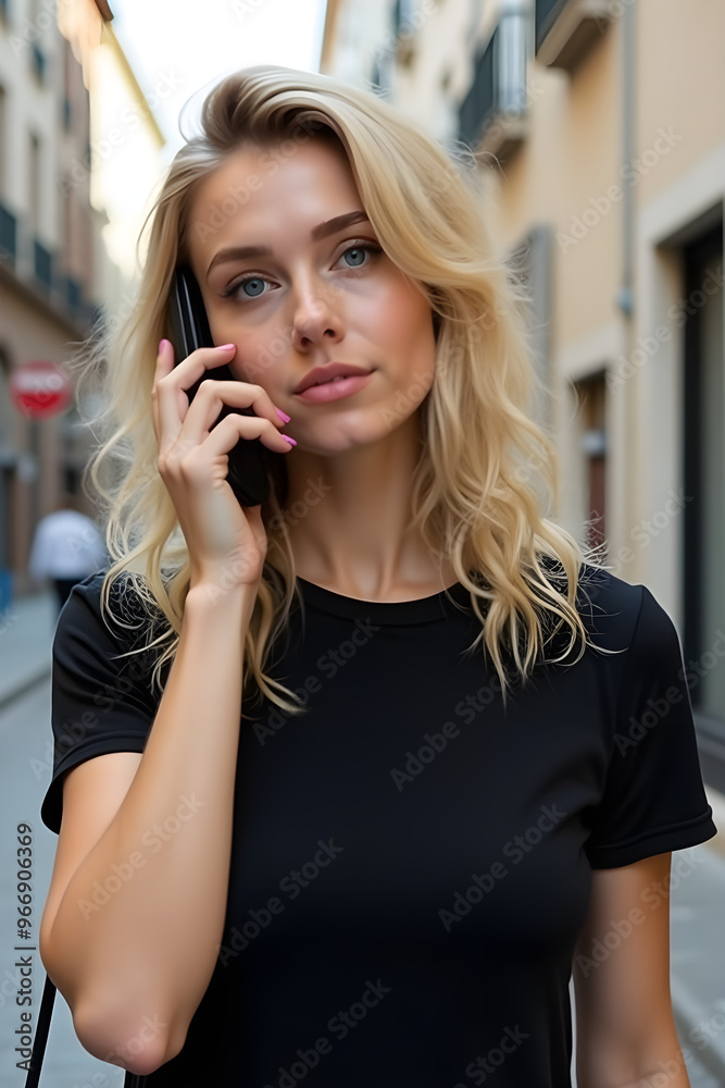 young blonde woman talking on the phone on the city street young blonde woman talking on the phone on the city street