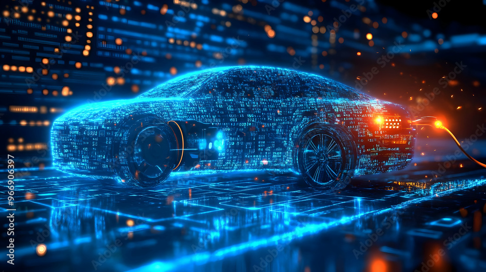 A futuristic electric car rendered in a digital, glowing style, symbolizing advanced technology. A futuristic electric car rendered in a digital, glowing style, symbolizing advanced technology.