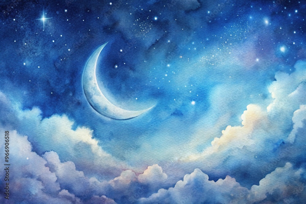 Fototapeta premium Soft watercolor painting of a crescent moon in a tranquil night sky with a worm's eye view