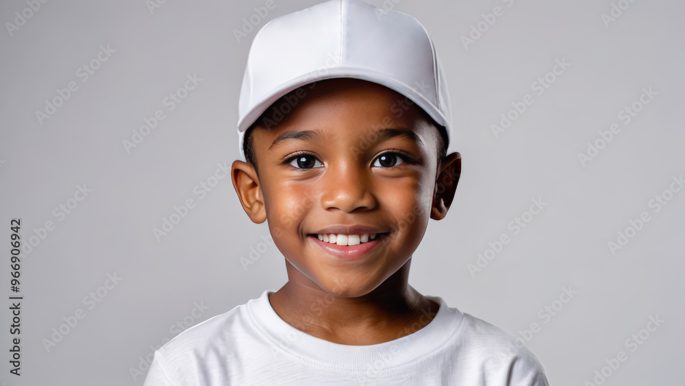 Little black boy wearing white t-shirt and white baseball cap isolated on grey background Little black boy wearing white t-shirt and white baseball cap isolated on grey background