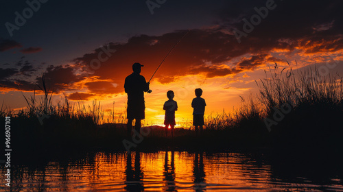 “Golden Hour: Father and Sons by the Water”