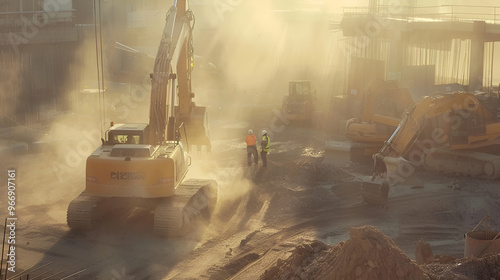 Construction Site Dust Cloud: A powerful yellow excavator moves earth at a bustling construction site, kicking up a cloud of dust in the golden morning light. Two workers stand observing the action, s photo