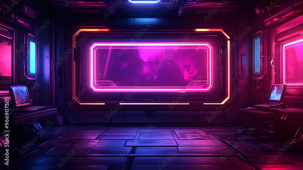 A futuristic interior with neon lighting and sleek technology. A futuristic interior with neon lighting and sleek technology.