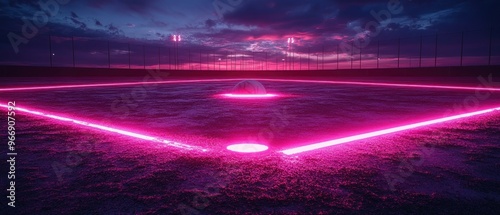 Baseball on a Field with Pink Neon Lights at Sunset