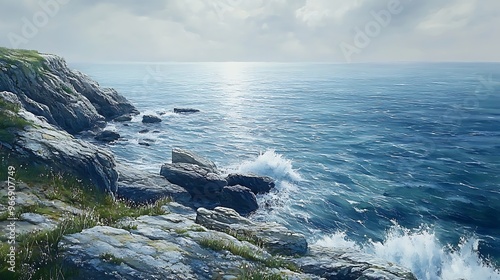 Rocky Coastline with Waves Crashing on Shore photo