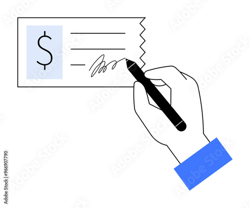 A hand with a blue sleeve is signing a financial document using a black pen. Ideal for finance, business, transactions, contracts, banking.