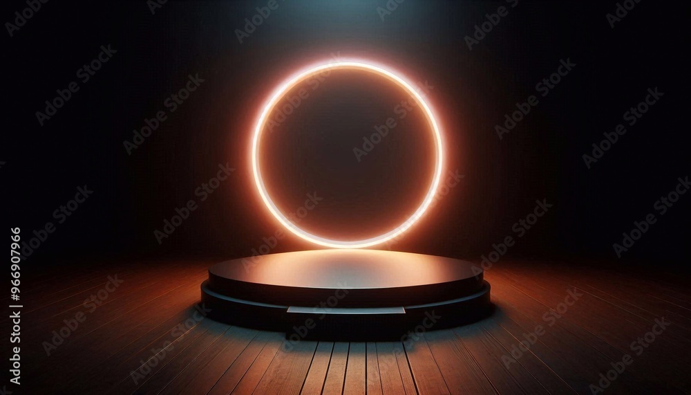 A dark podium with a glowing neon light Background. A dark podium with a glowing neon light Background.