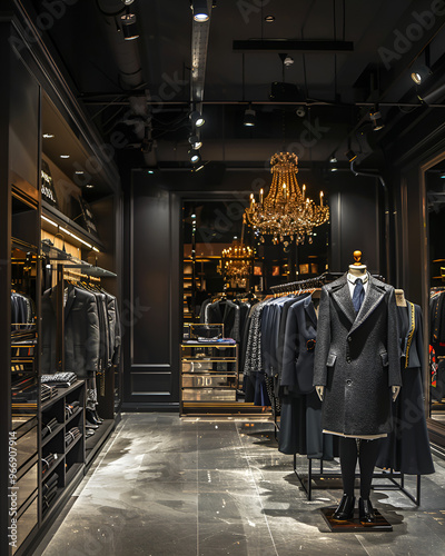 Dark Elegance Boutique: A luxurious menswear store with dark, opulent interiors, featuring mannequins in tailored suits and a glistening chandelier. 