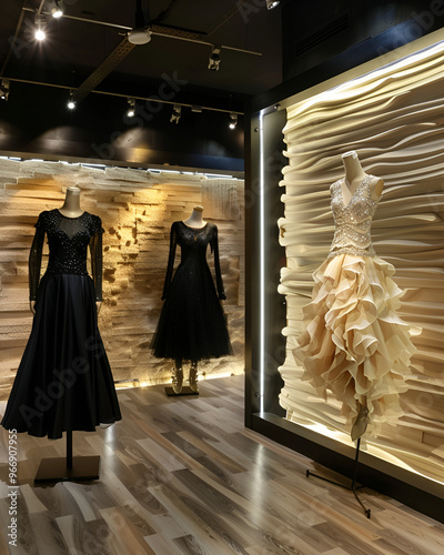Elegant Boutique Interior:  A minimalist, stylish boutique interior with mannequins showcasing elegant evening gowns, captivating with its understated elegance and sophisticated design.  