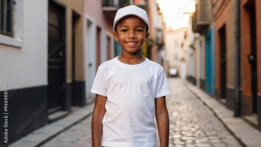 Little black boy wearing white t-shirt and white baseball cap standing ...