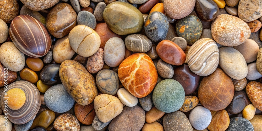 Earthly tones come alive in a thoughtful arrangement of smooth stones and rocks, varying in size and texture Earthly tones come alive in a thoughtful arrangement of smooth stones and rocks, varying in size and texture