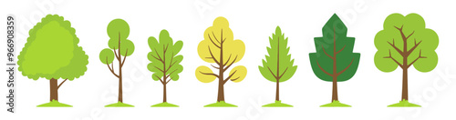 Set of tree and leaf collection hand drawn flat design vector element. botanical set of bare trees and ones with leaves and lush green