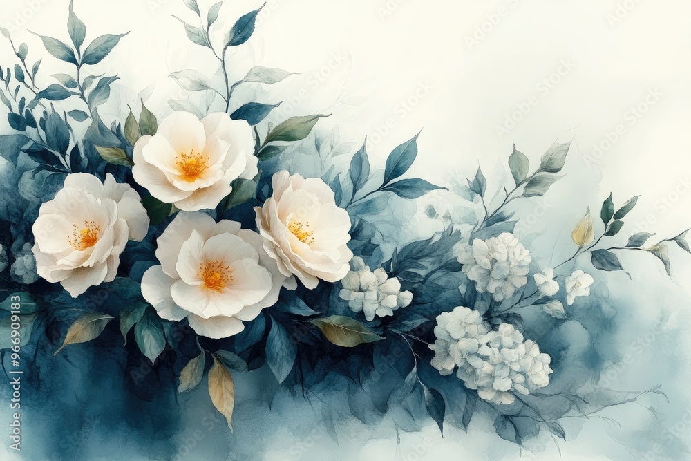 Romantic watercolor painting featuring pink and white roses and blue flowers Romantic watercolor painting featuring pink and white roses and blue flowers