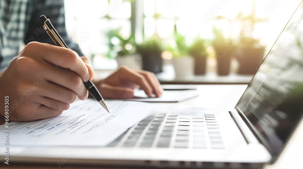 Online survey filling out and digital form checklist by laptop computer, Document Management Checking System, online documentation database and process manage files. Online survey filling out and digital form checklist by laptop computer, Document Management Checking System, online documentation database and process manage files.