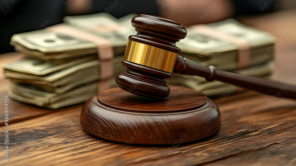 A gavel resting on a wooden surface with stacks of cash in the background. A gavel resting on a wooden surface with stacks of cash in the background.
