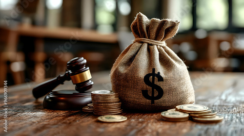 A gavel beside a money bag ...