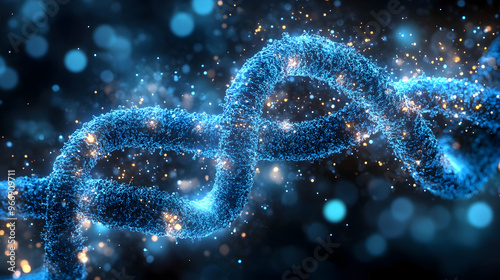 A glowing blue DNA strand against a dark background, symbolizing genetics and biology.