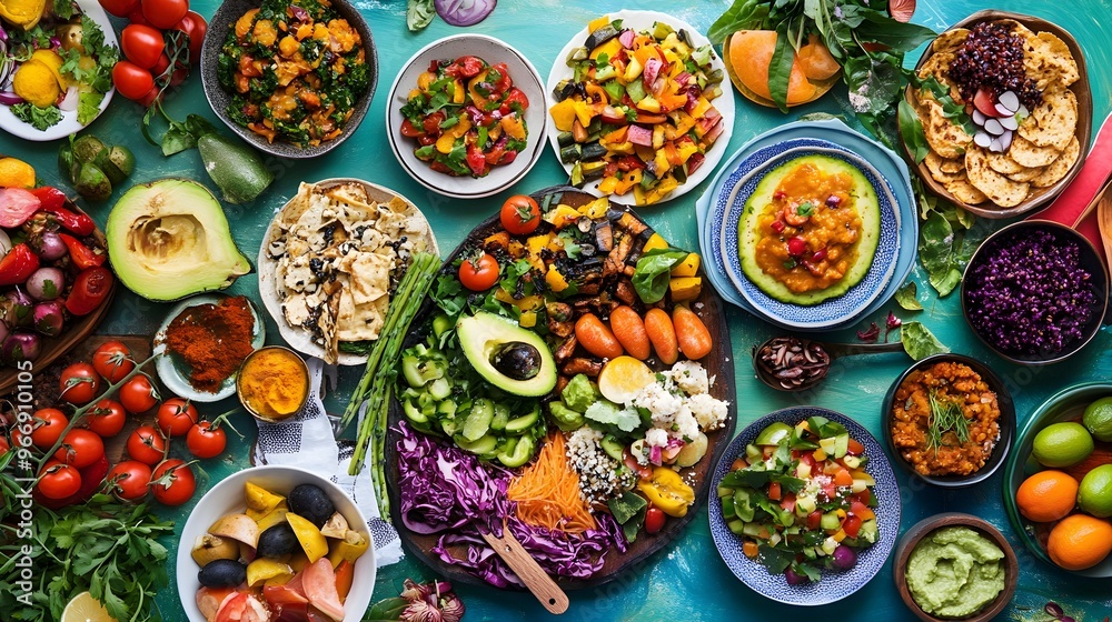 Plant-Based Nutrition - A spread of colorful, nutritious vegan dishes Plant-Based Nutrition - A spread of colorful, nutritious vegan dishes