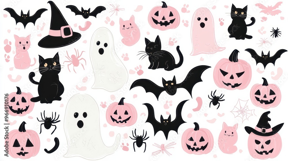 Fototapeta premium Cute Pink and Black Halloween Clipart with Cats Bats Pumpkins and Ghosts