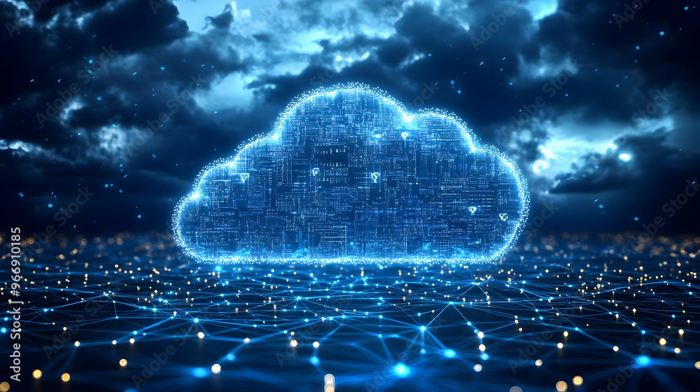A glowing digital cloud symbol representing data storage and connectivity. A glowing digital cloud symbol representing data storage and connectivity.