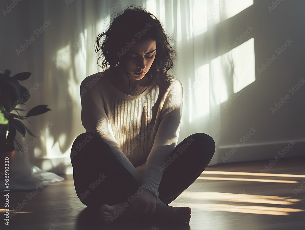 Woman sitting on the floor in a contemplative pose, bathed in soft sunlight.