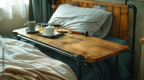 Overbed Table: A practical, wheeled table that extends over the bed, designed for effortless meals, reading, or hobbies while you stay comfortably in bed.
 photo