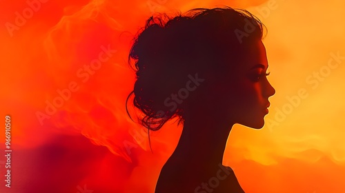 powerful woman against a fiery gradient, gazing steely and strong - Passion's Resilience