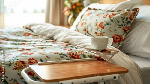 Overbed Table: A wheeled table that moves over the bed, offering a practical surface for eating, reading, or hobbies while seated or lying in bed.
 photo