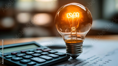 A glowing light bulb beside a calculator on a document, symbolizing ideas and calculations. photo